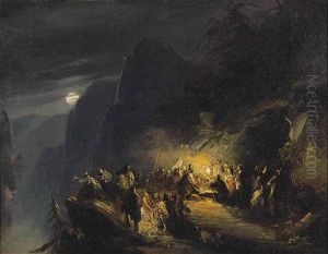 Figures In A Mountainous Landscape At Night, Possibly 'johannesfeuer' by George Gillis van Haanen