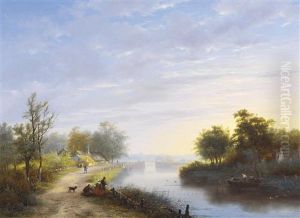 A River Landscape With Fishermen At Dusk by George Gillis van Haanen