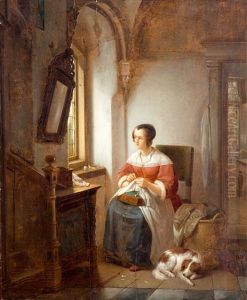 Vrouw Bordurend Bij Een Venster, Een Kooiker Liggend Aan Haar Voeten by George Gillis van Haanen