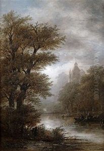 Romantische Flusslandschaft Mit Burgen Bei Mondschein (+ Another; Pair)