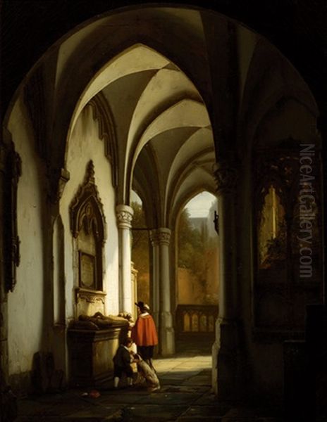 Two Figures And A Dog Near A Mausoleum In A Church In A Portal - view 1