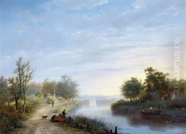 Fischer Beim Netzauslegen Am Fluss - view 1