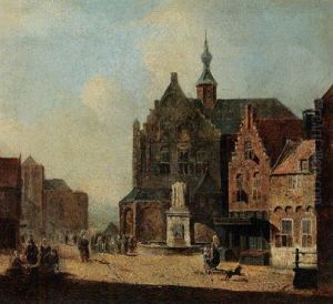 Figures In A Town Centre With A Church by George Gillis van Haanen
