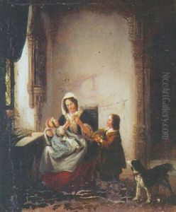 A Mother Holding A Baby Beneath A Gothic Carving Of The Madonna by George Gillis van Haanen