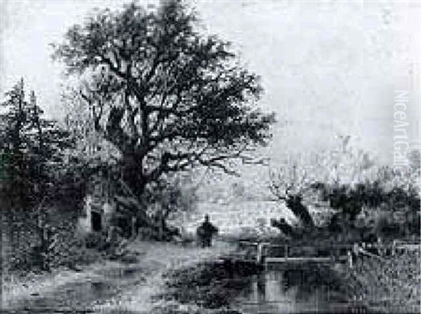 Figures By A Cottage In A Wooded River Landscape - view 1