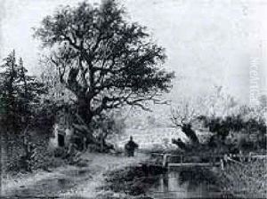 Figures By A Cottage In A Wooded River Landscape by George Gillis van Haanen
