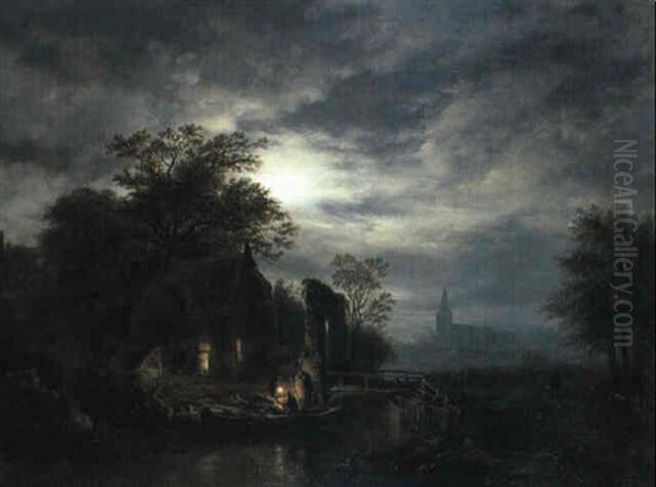 Moonlit River Scene With Figures Unloading Boat - view 1