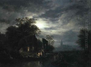 Moonlit River Scene With Figures Unloading Boat by George Gillis van Haanen