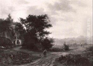 Bauerngehoft Unter Baumen Links, Rechts Auf Dem Weg         Bauerinnen by George Gillis van Haanen