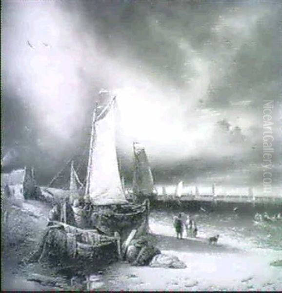 Fischerboote Am Strand Und Auf Dem Wasser Bei Aufziehendem Unwetter - view 1