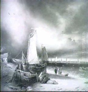 Fischerboote Am Strand Und Auf Dem Wasser Bei Aufziehendem Unwetter by George Gillis van Haanen