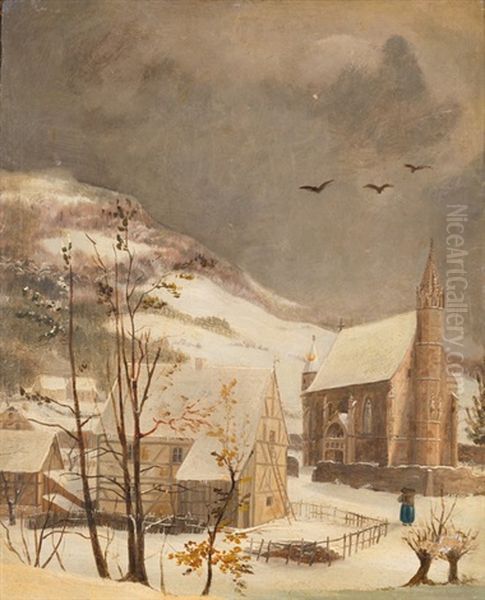 Verschneite Dorflandschaft Mit Blick Auf Eine Kirche - view 1