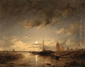A Canal Scene At Dusk by Remigius Adriannus van Haanen