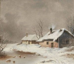 Farmhouses In A Winter Landscape by Remigius Adriannus van Haanen