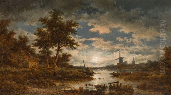 River Landscape At Full Moon - view 1
