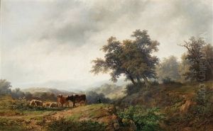 Open Landscape With Cows And Herdsman by Remigius Adriannus van Haanen