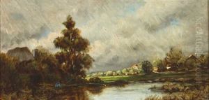 Flusslandschaft Mit Angler Und Malerisch Beleuchteten Gehoften Bei Abziehendem Gewitter by Remigius Adriannus van Haanen