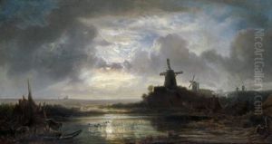 Hollandische Flusslandschaft Im Mondschein