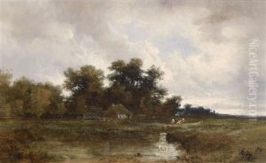 Landschaft Mit Weiher Und Figurlicher Staffage by Remigius Adriannus van Haanen