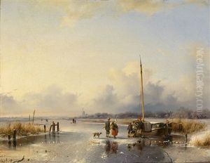 Zugefrorener Flusslauf Mit Reicher Personenstaffage An Einem Sonnigen Tag