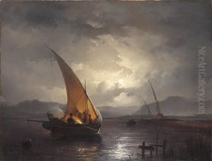 Mondnacht Uber Einer Meereslandschaft Mit Segelbooten by Remigius Adriannus van Haanen