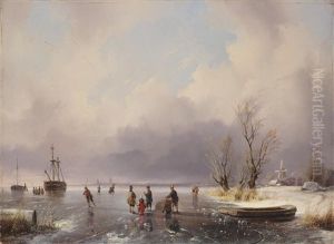 Eislaufer In Einer Hollandischen Flusslandschaft by Remigius Adriannus van Haanen