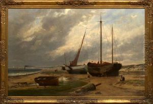 Early Evening View Of Beached Fishing Boats by Remigius Adriannus van Haanen