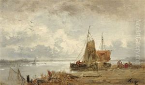 Segelboote Am Strand Mit Figuraler Staffage by Remigius Adriannus van Haanen
