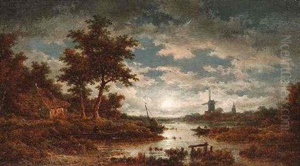 Fluslandschaft Mit Windmuhle Im Abensonnenlicht - view 1