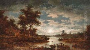 Fluslandschaft Mit Windmuhle Im Abensonnenlicht