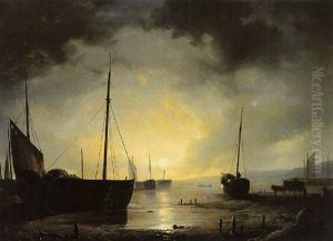Beached Fishing Boats By Moonlight by Remigius Adriannus van Haanen