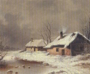Zwei Bauernkaten In Winterlandschaft by Remigius Adriannus van Haanen