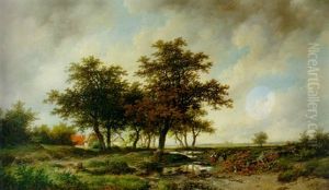 An Extensive Wooded Landscape With Peasants Conversing Near A Brook