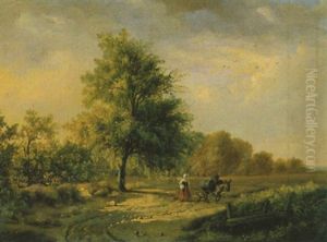 Sommerlandschaft Mit Einer Bauerin Und Ihrem Maultier Vorn Auf Dem Weg Am Waldrand