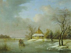 Winterlandschaft Mit Schlittschuhlaufern Und Schlittenfahrer Auf Dem Zugefrorenen See