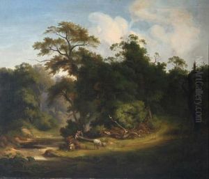 Waldpartie Mit Holzfallern Bei Ihrer Arbeit by Julius Bakof
