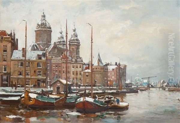 Wintergezicht Op De Sint Nicolaaskerk En Schreierstoren Te Amsterdam - view 1