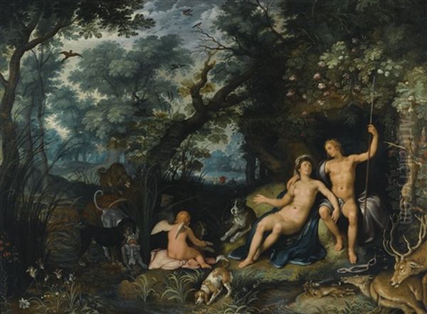 Venus And Adonis Resting In An Extensive Landscape, With Cupid And Hunting Dogs And Their Quarries - view 1