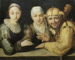 A Fool With Two Women, One Holding An Owl