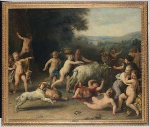 Scena Campestre Con Putti E Cane Da Caccia by Cornelis Cornelisz Van Haarlem