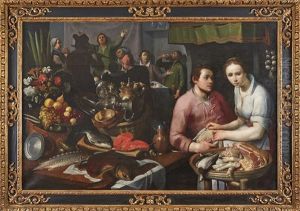 Kuchenstuck Mit Tischgesellschaft, Kochin Und Geflugelhandler by Cornelis Cornelisz Van Haarlem