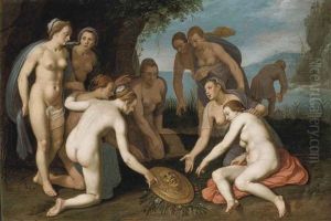 Perseus Washing His Hands After Liberating Andromeda And Placing The Head Of Medusa On A Bed Of Leaves by Cornelis Cornelisz Van Haarlem
