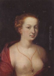 A Young Girl In A State Of Undress, Wearing A Burgundy Mantle, And A Gold Chain And Pendant