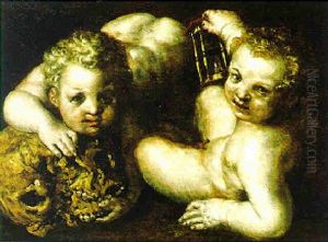 Memento Mori, Zwei Putten Mit Stundenglas Und Totenschadel by Cornelis Cornelisz Van Haarlem