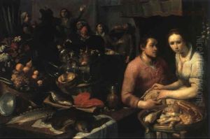 Froehliche Tischgesellschaft Mit Einer Koechin, Einem Gefluegelhaendler Und Einem Reichen Stilleben by Cornelis Cornelisz Van Haarlem