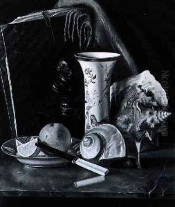 Shells, A Vase, An Orange On A Plate And A Portrait Bust With Portfolios On A Draped Marble Ledge by Hermina Van Der Haas
