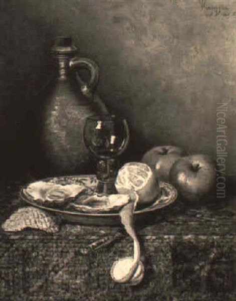 Still Life Of Oysters, Lemon, Apples And A Jug On A Draped Table - view 1