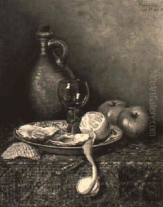 Still Life Of Oysters, Lemon, Apples And A Jug On A Draped Table by Hermina Van Der Haas