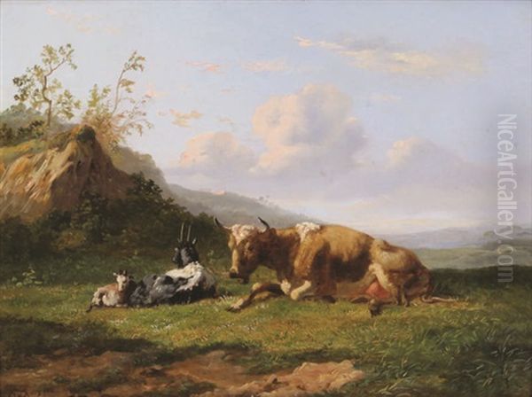 Paysage Accidente Avec Vache Couchee Et Chevres - view 1