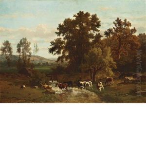A River Landscape With A Shepherdess And Her Flock A River Landscape With A Shepherdess And Her Flock